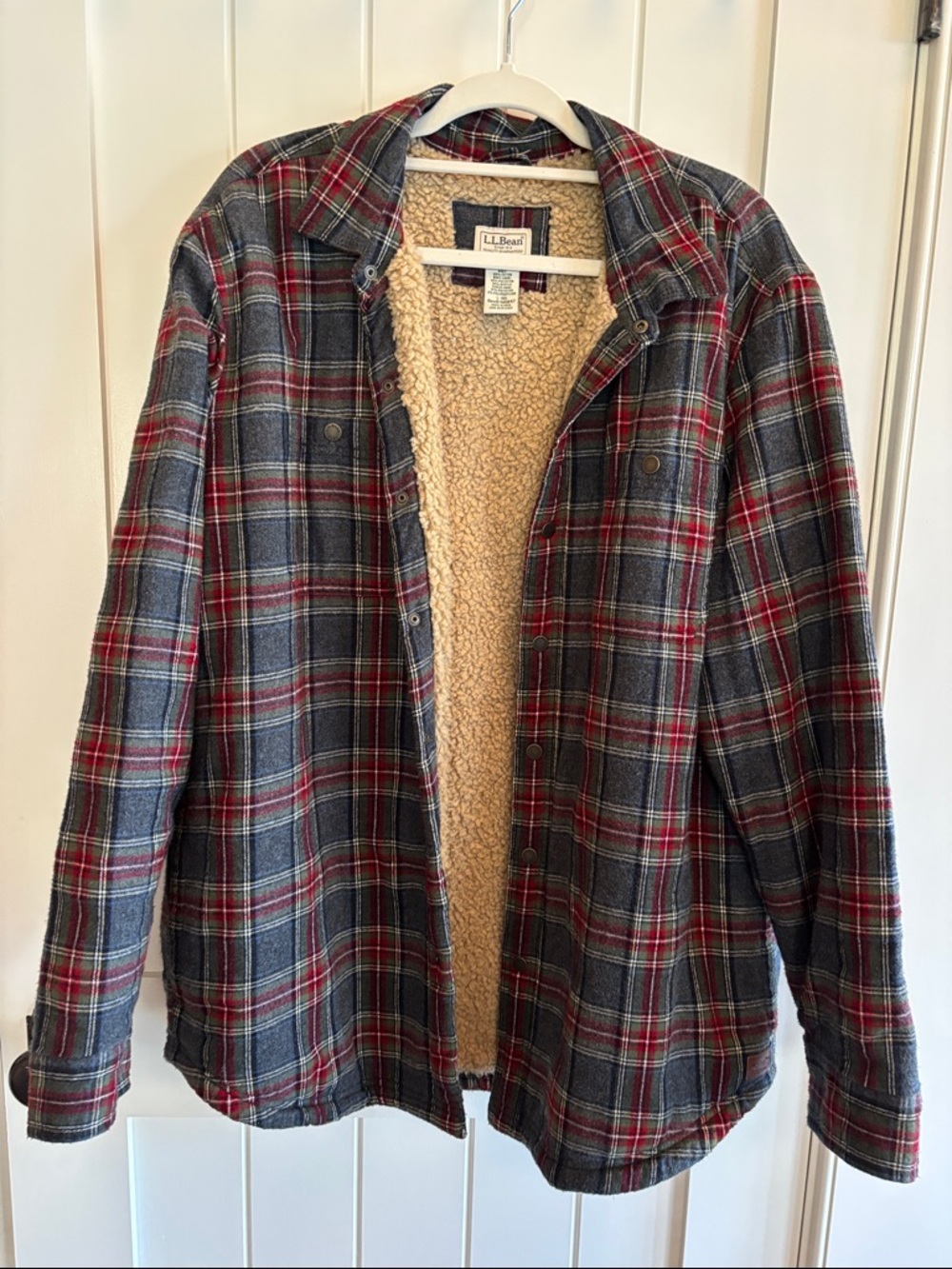 L.L. Bean Sherpa-Lined Scotch Plaid Shirt Jacket - Red & Gray